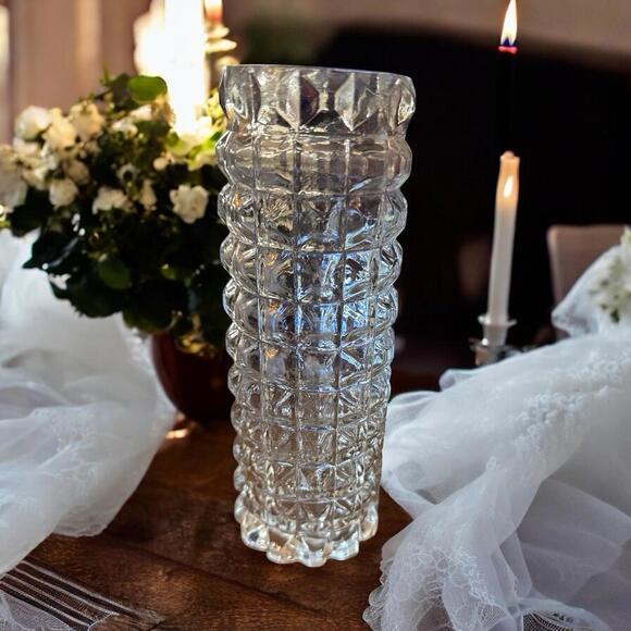 Block Sparkling Clear Diamond Point Glass Bud Vase Cylinder 7'' - Picture 1 of 5